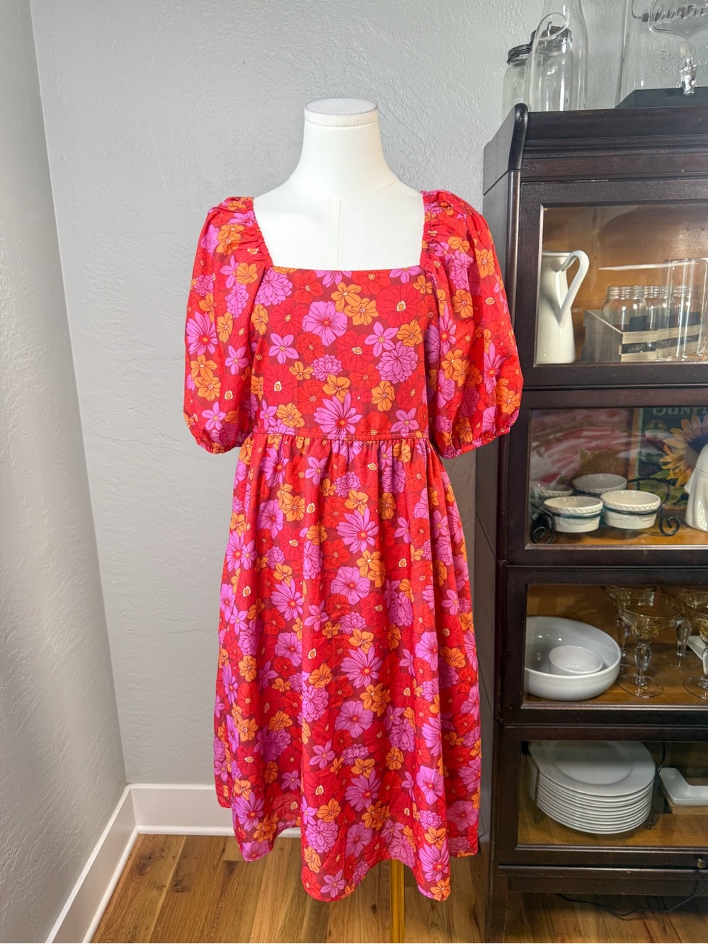 Baltic Born Floral Puff Sleeve Smocked Back Midi Dress Pink Orange Size M